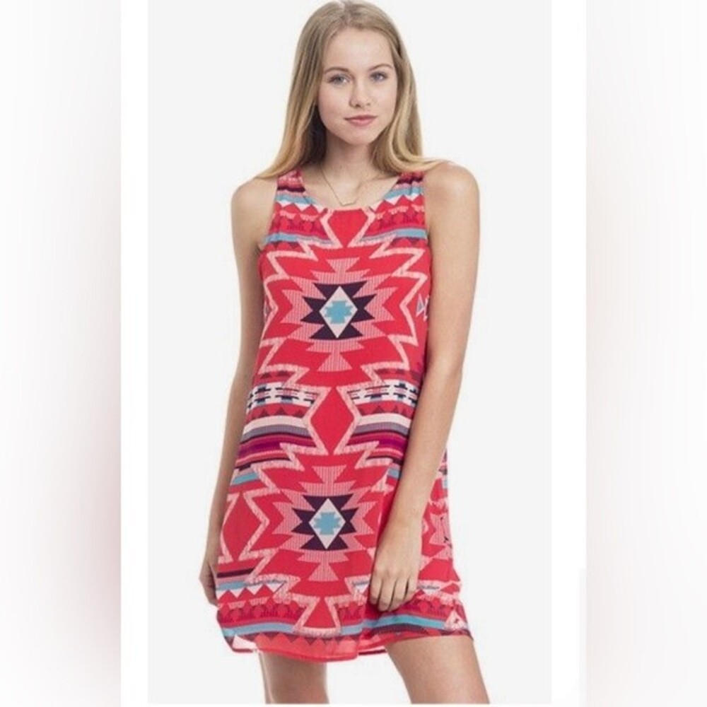 Tribal print red trapeze shift dress size XS
